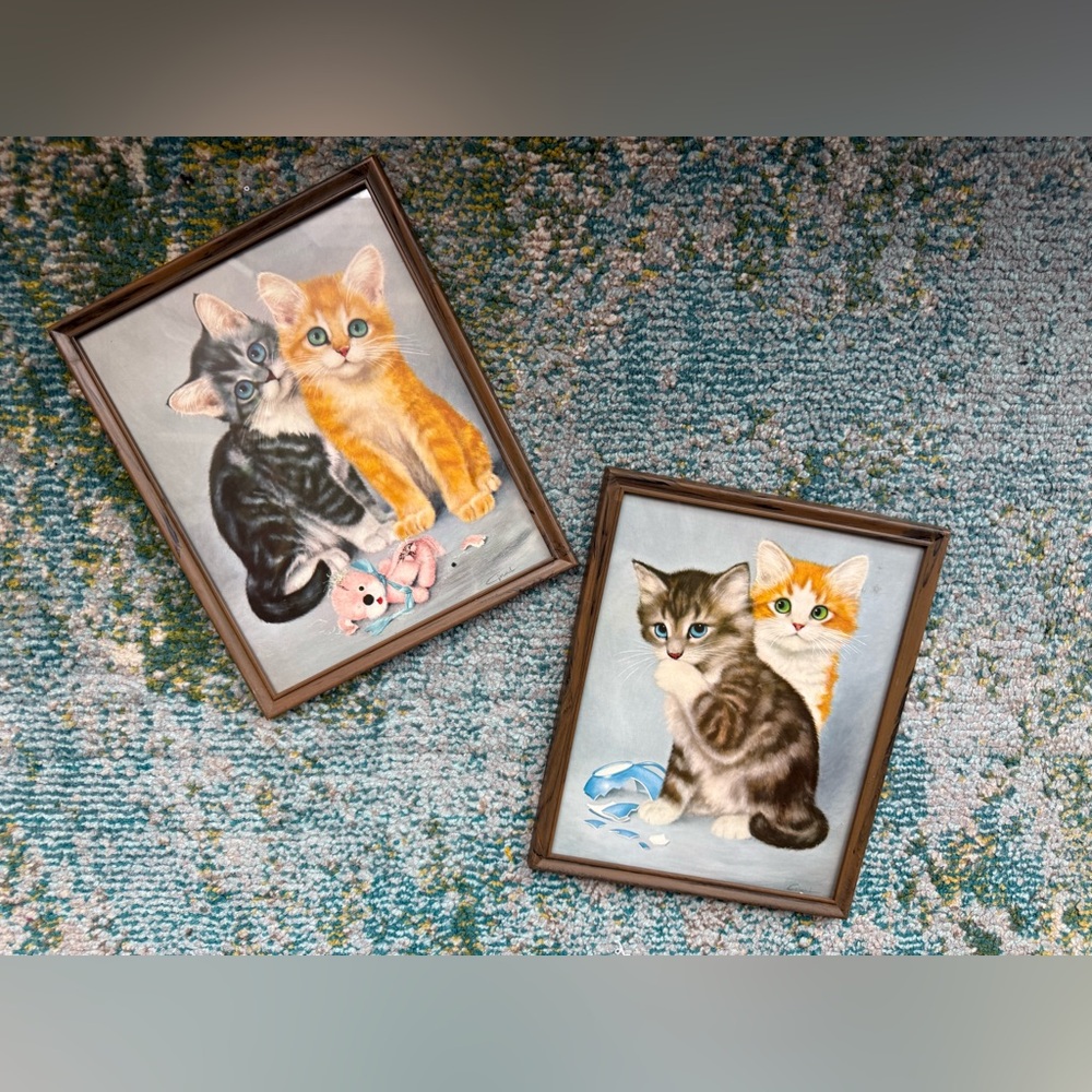 Vintage set kitten framed hanging prints